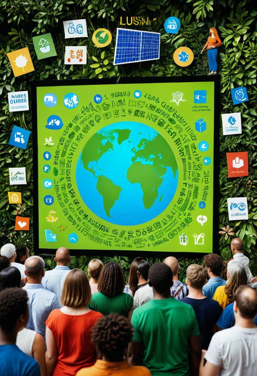 A diverse group of people of various ages and backgrounds collaborating on a large digital screen displaying environmental data and community initiatives. There are vibrant green plants around, symbolizing nature and growth. The background has eco-friendly icons like recycling signs and solar panels. The individuals are engaged, discussing, and pointing at the screen, showcasing unity and action for change. 3D. vibrant colors. modern illustration.