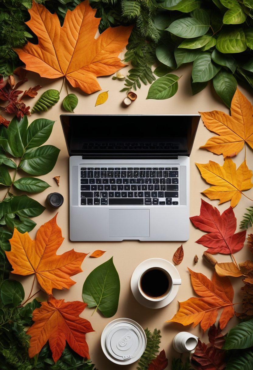 A serene online journaling scene featuring a laptop with an open blog filled with eco-friendly tips, surrounded by vibrant greenery, recycling symbols, and a coffee cup made from biodegradable materials. Soft sunlight bathing the space, evoking a sense of calm and responsibility towards the environment. Artistic doodles of leaves and recycling icons in the margins. super-realistic. vibrant colors. natural light.